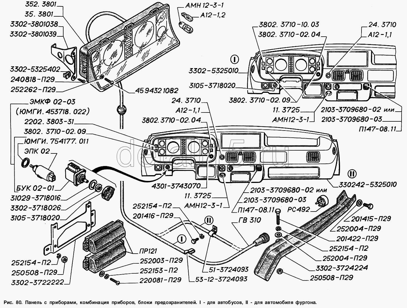 Автокаталог ГАЗ-2217 (Соболь) - Панель с приборами, комбинация приборов,  блоки предохранителей: I - для автобусов, II - для автомобиля-фургона